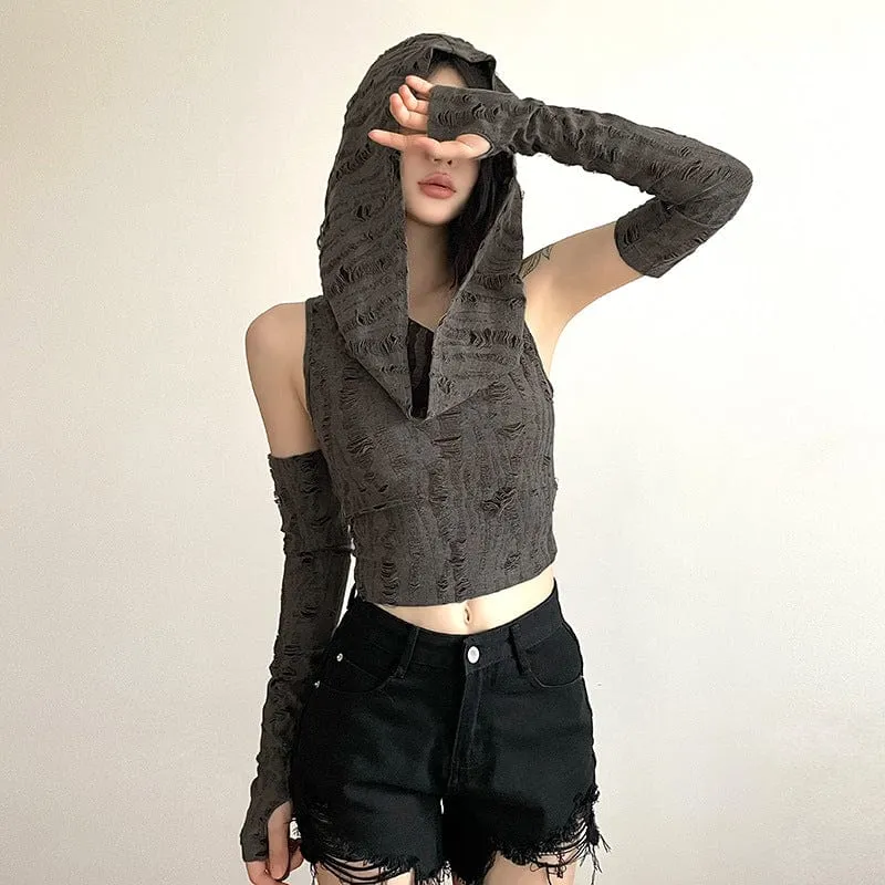 Women's Grunge Ripped Tank Top with Hood and Oversleeves