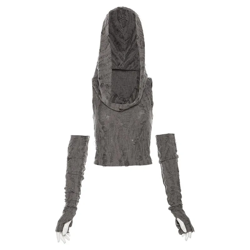 Women's Grunge Ripped Tank Top with Hood and Oversleeves