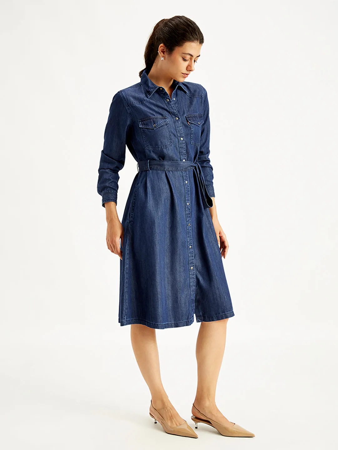 Women's Solid Indigo Spread Collar Shirt Dress