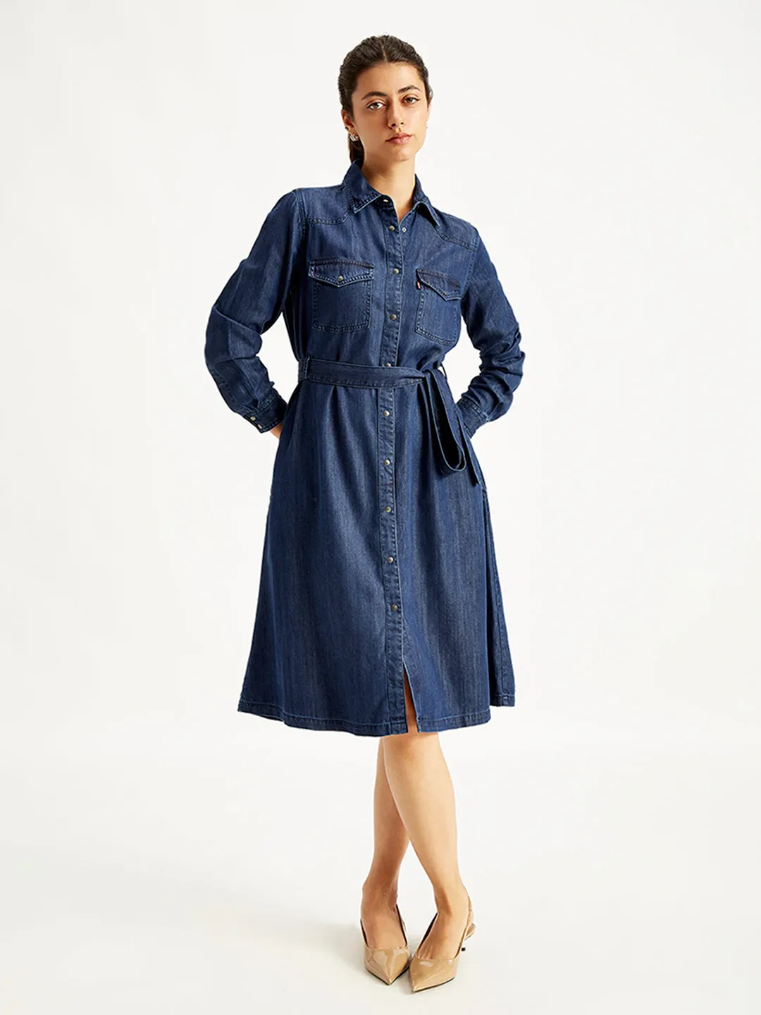 Women's Solid Indigo Spread Collar Shirt Dress