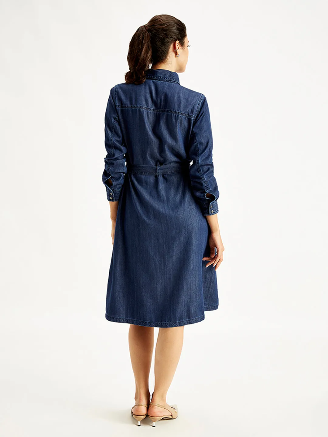 Women's Solid Indigo Spread Collar Shirt Dress