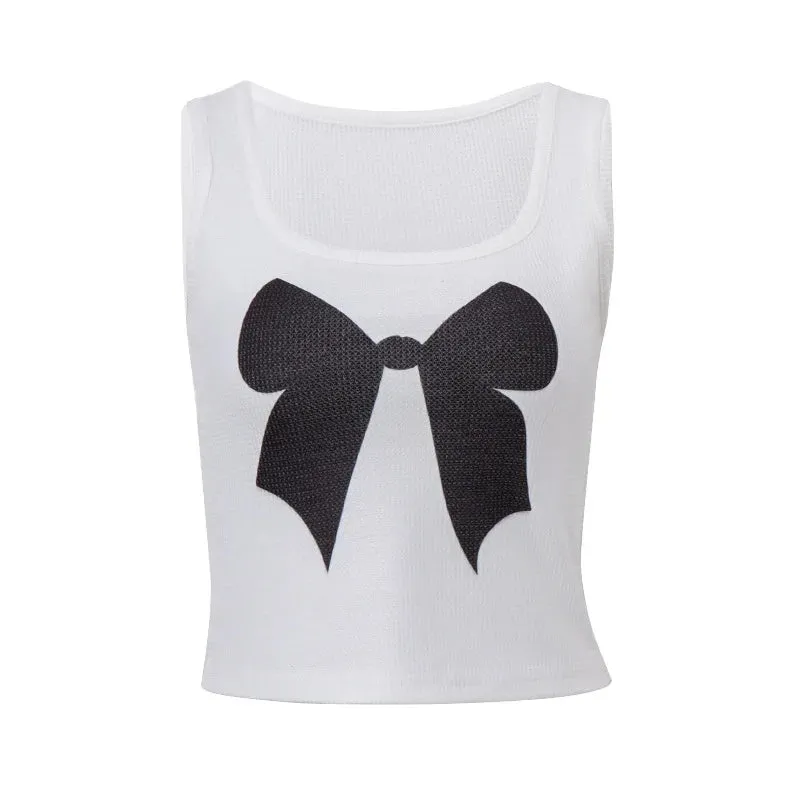 YESMYTOOL  -  2024 Harajuku Tank Top Women Sweet Cute Bow Printing Streetwear Sleeveless Tanks Y2k Aesthetic Contrast Color Fairy Grunge Tops