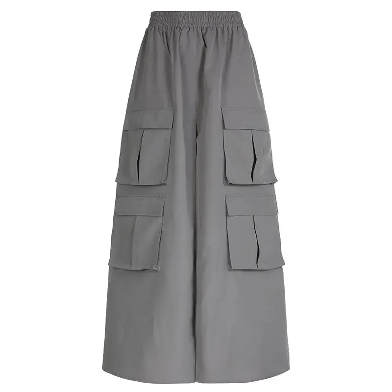 YESMYTOOL  -   Long Cargo Skirt Women Sexy High Split Multi Pocket Solid Elastic Waist Casual Loose Maxi Skirt Harajuku Streetwear