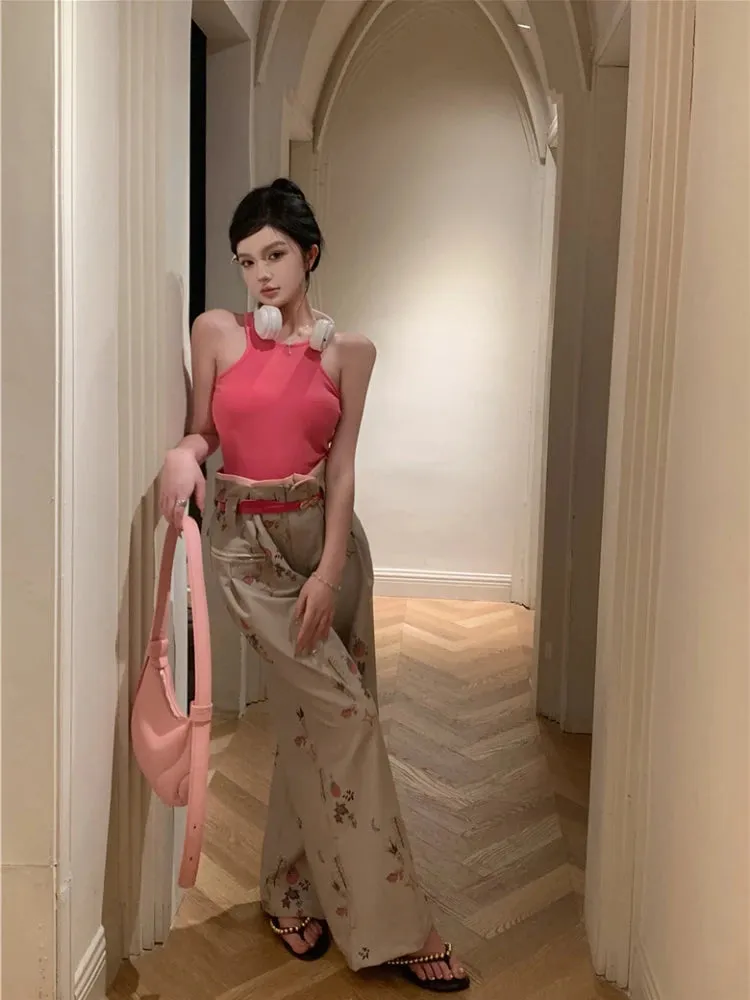 YESMYTOOL  -   Pleated Baggy Suit Pants Women Y2k Fashion High Waist Print Straight Kpop Trouser Harajuku Causal Mujer Wide Leg Bottoms