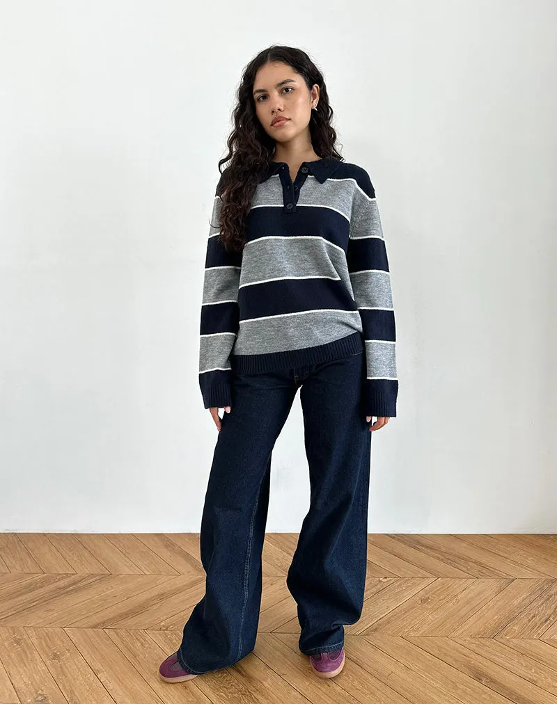 Yusnada Oversized Rugby Jumper in Navy and Grey Stripe