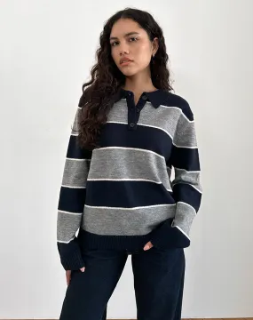 Yusnada Oversized Rugby Jumper in Navy and Grey Stripe